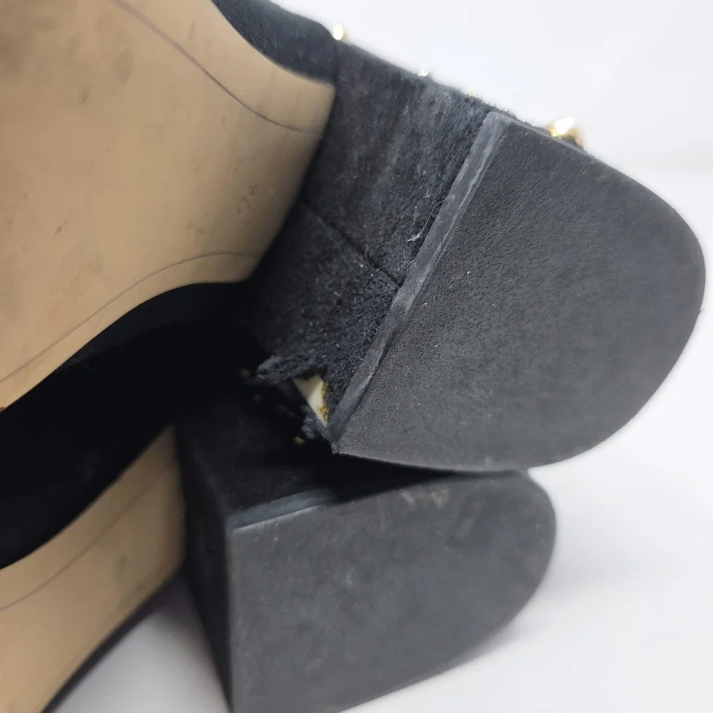 Sam Edelman Ankle Boots Womens 7.5 Black Suede Embroidered Pearl Stud Block Heel